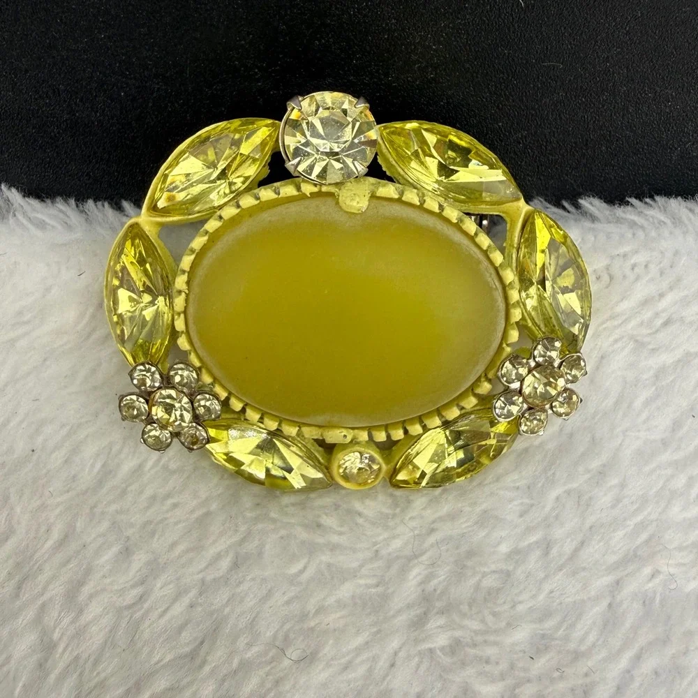 Vintage Brooch Yellow Enamel Rhinestone Floral Oval Pin